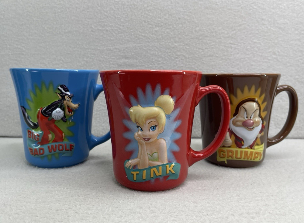 Vintage Disney Store 3D Embossed Mug Tinker Bell Grumpy Big Bad Wolf Cup